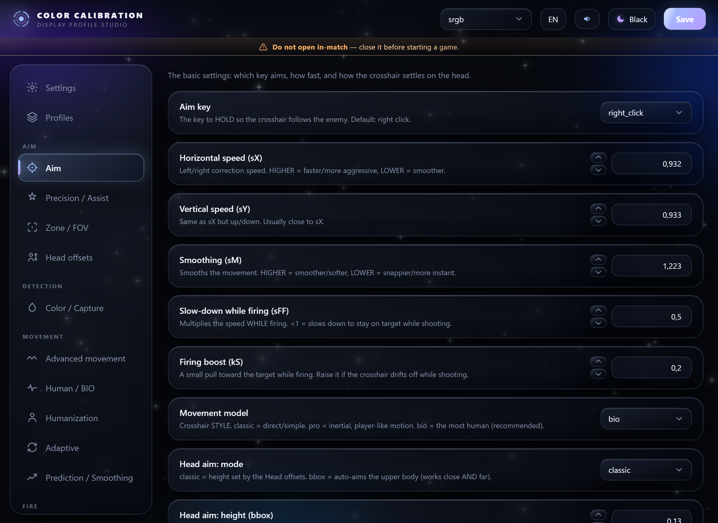 KIKA control panel, dark theme